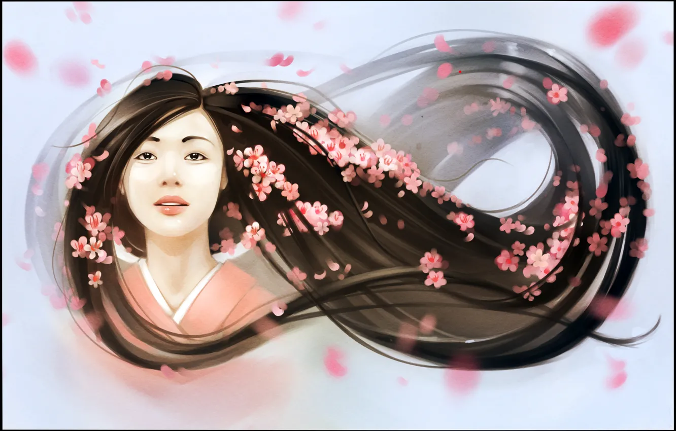 Photo wallpaper girl, face, hair, spring, petals, art