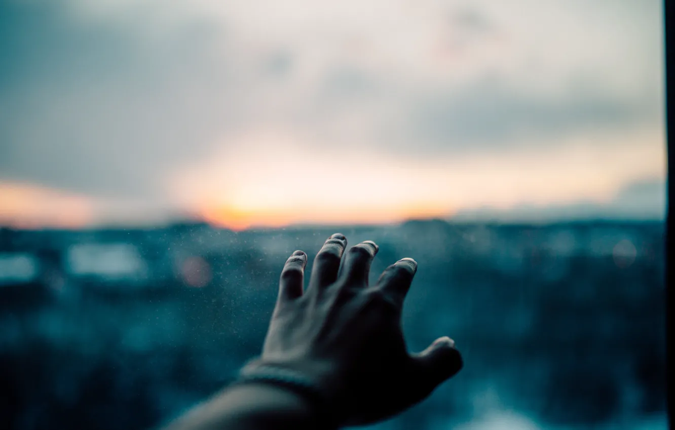 Photo wallpaper glass, blur, bokeh, window, hand, fingers, arm