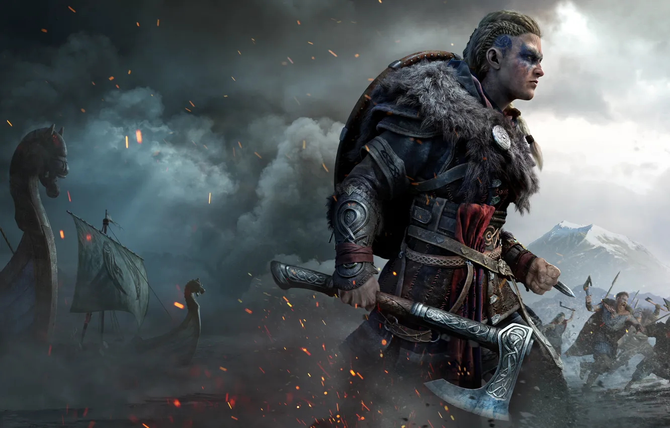 Photo wallpaper axe, warrior, Assassin's Creed, Assassin's Creed Valhalla, Shaved