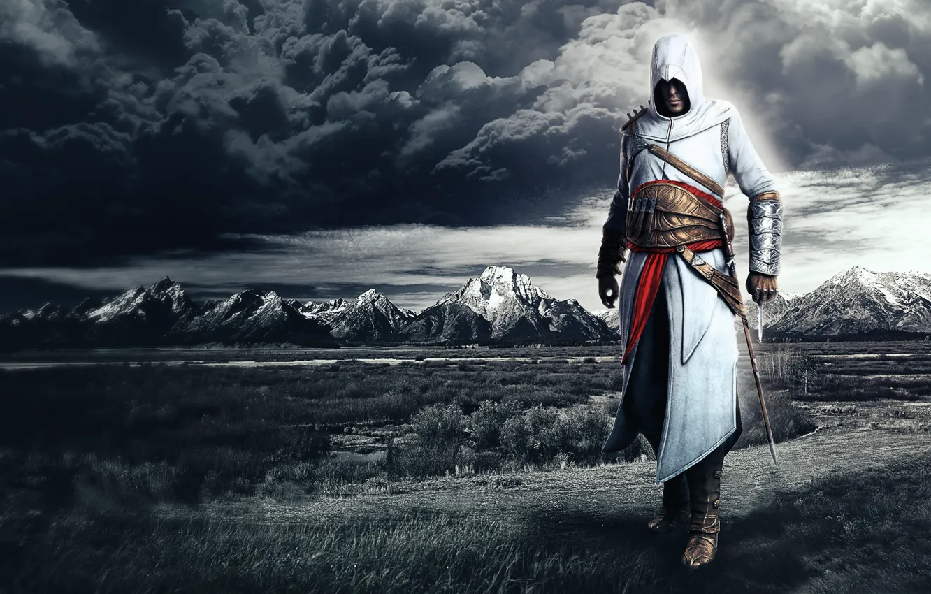 Photo wallpaper clouds, mountains, assassins creed, Altair, altair, the creed of the assassins