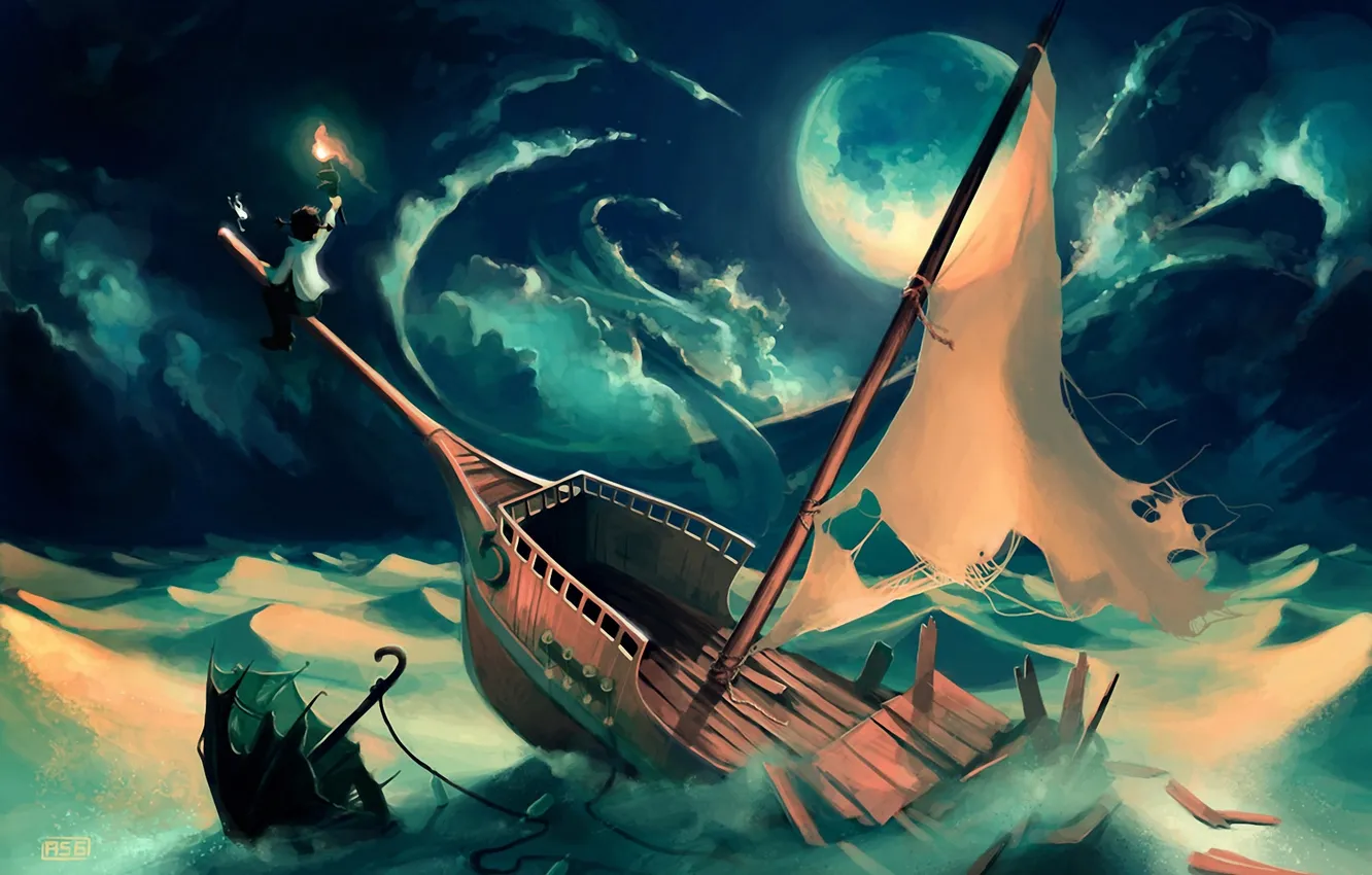 Photo wallpaper sand, the wreckage, night, fantasy, fire, the moon, people, ship