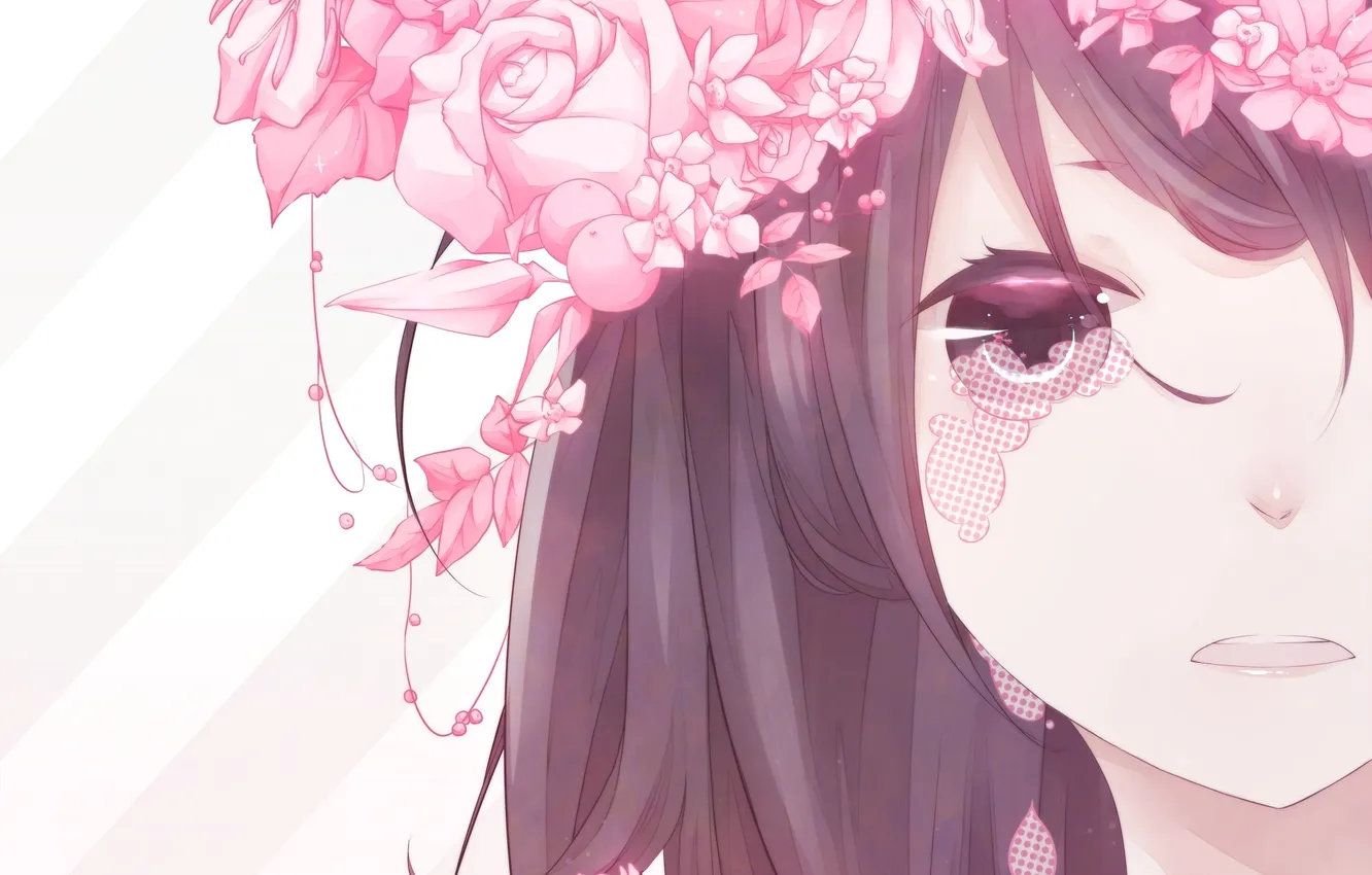 Photo wallpaper eyes, girl, flowers, face, roses, anime, tears, art