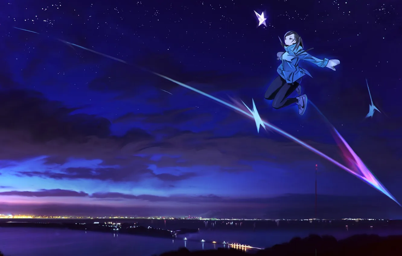 Photo wallpaper the sky, girl, stars, clouds, sunset, bridge, the city, lights