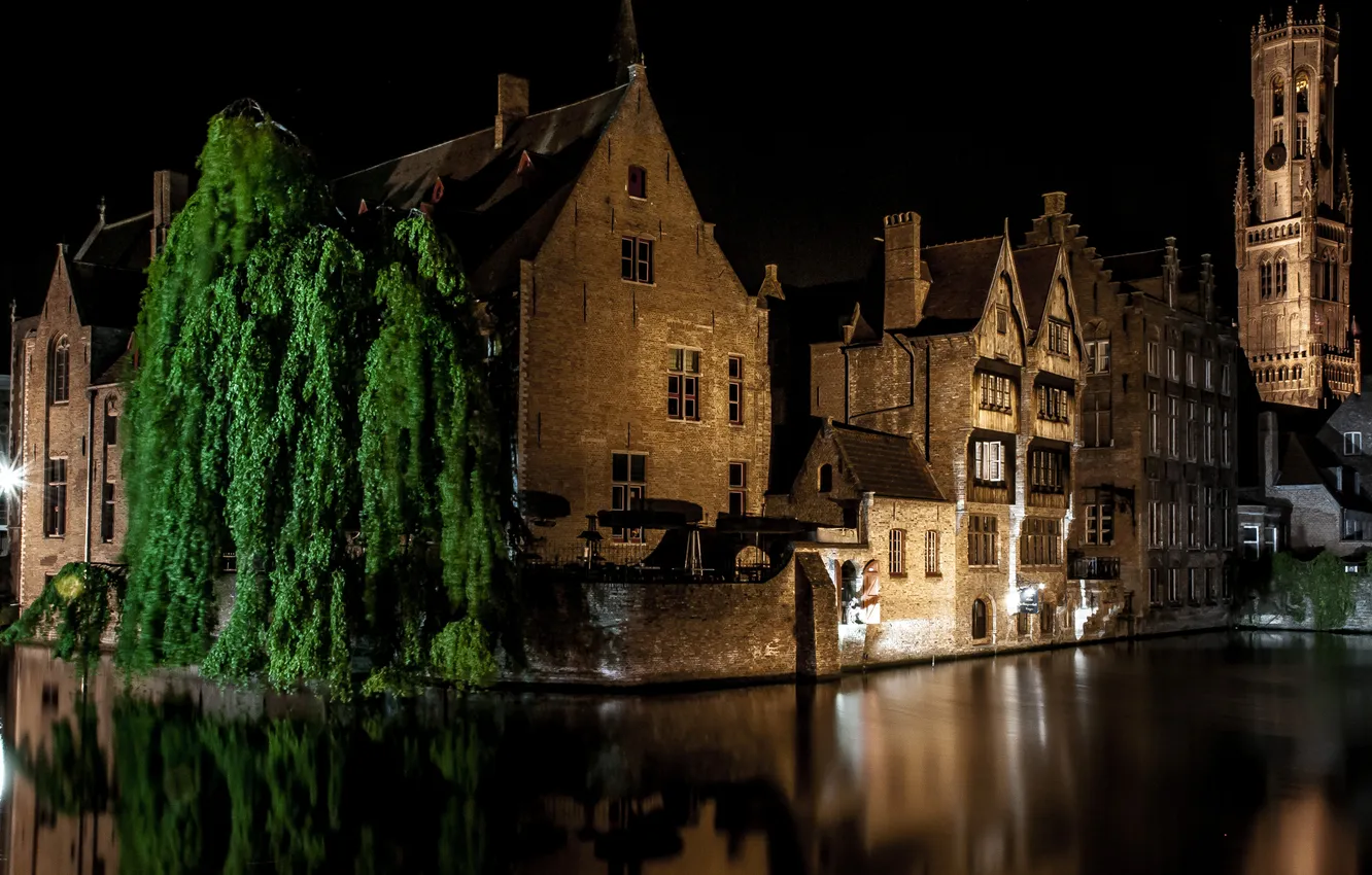 Photo wallpaper night, lights, home, channel, Belgium, Bruges