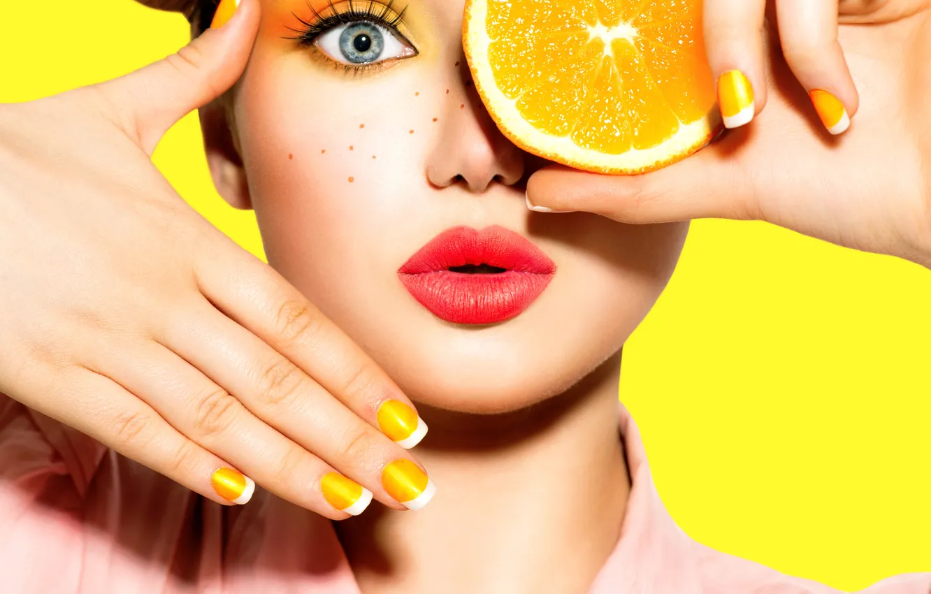 Photo wallpaper look, girl, yellow, eyelashes, background, lemon, makeup, manicure