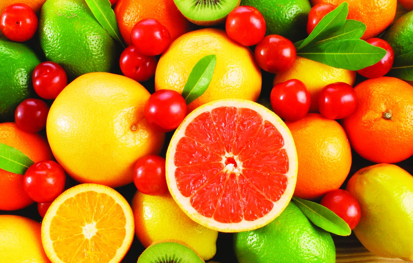 Photo wallpaper cherry, lemon, orange, kiwi, fruit, grapefruit