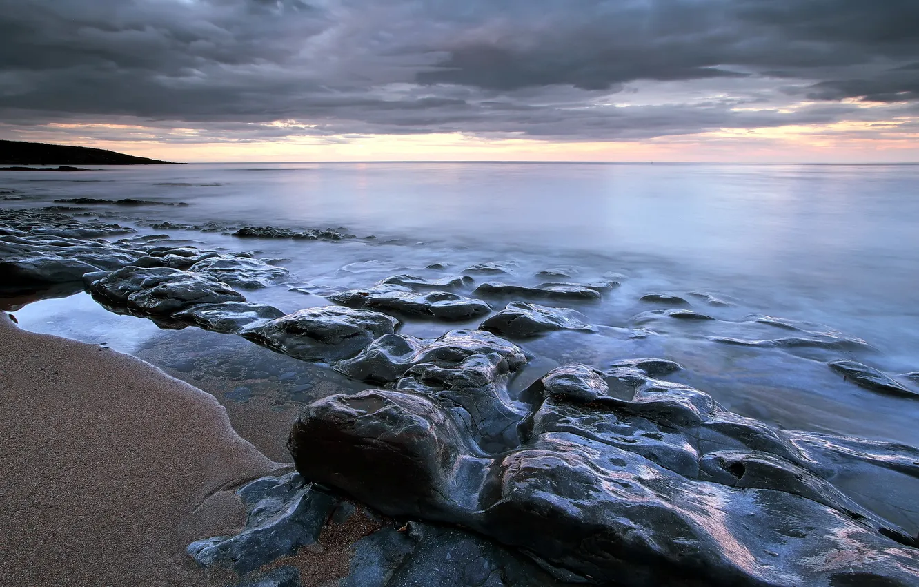 Photo wallpaper sea, landscape, night, stones