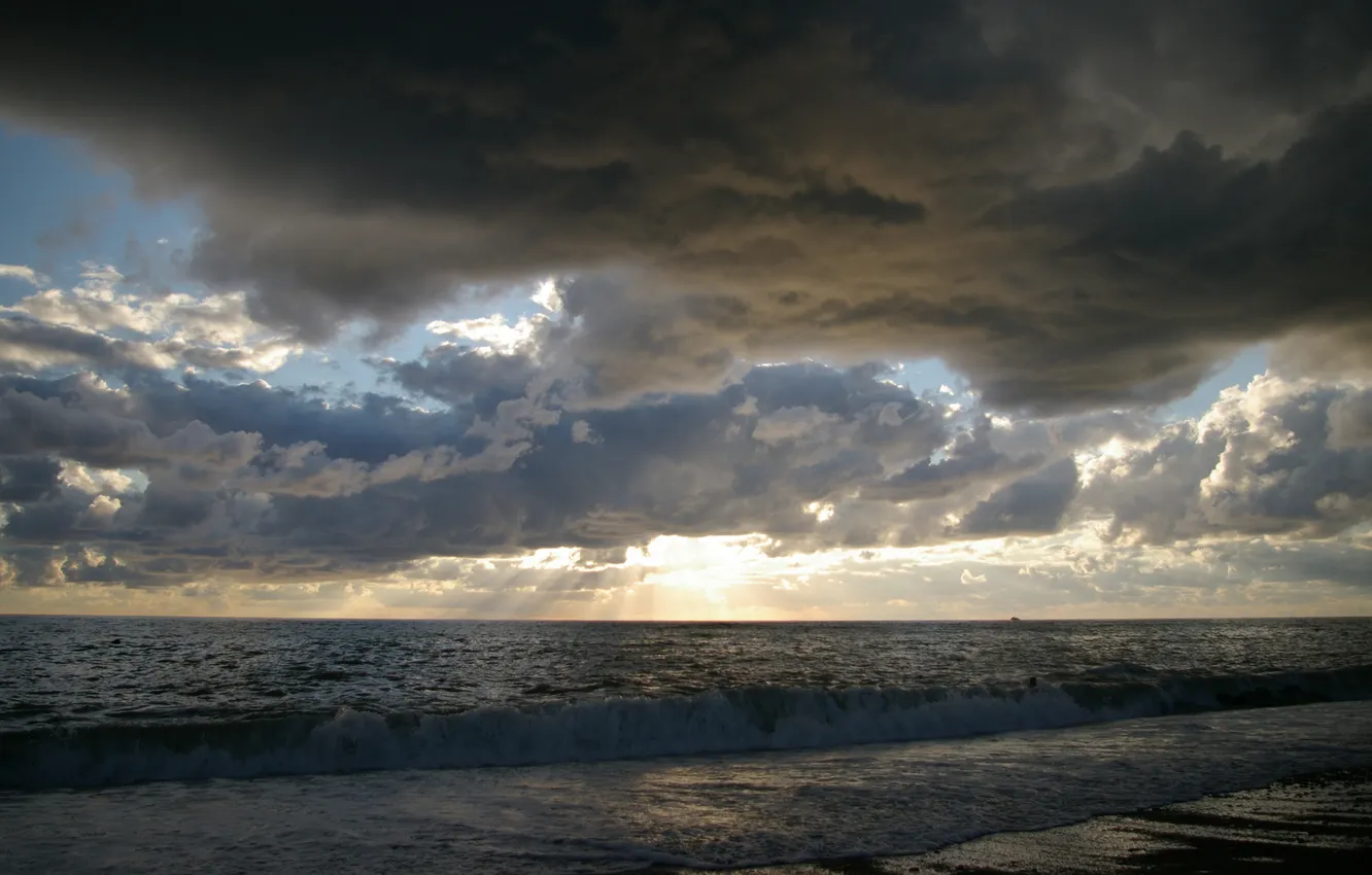 Photo wallpaper sea, sunset, clouds, surf