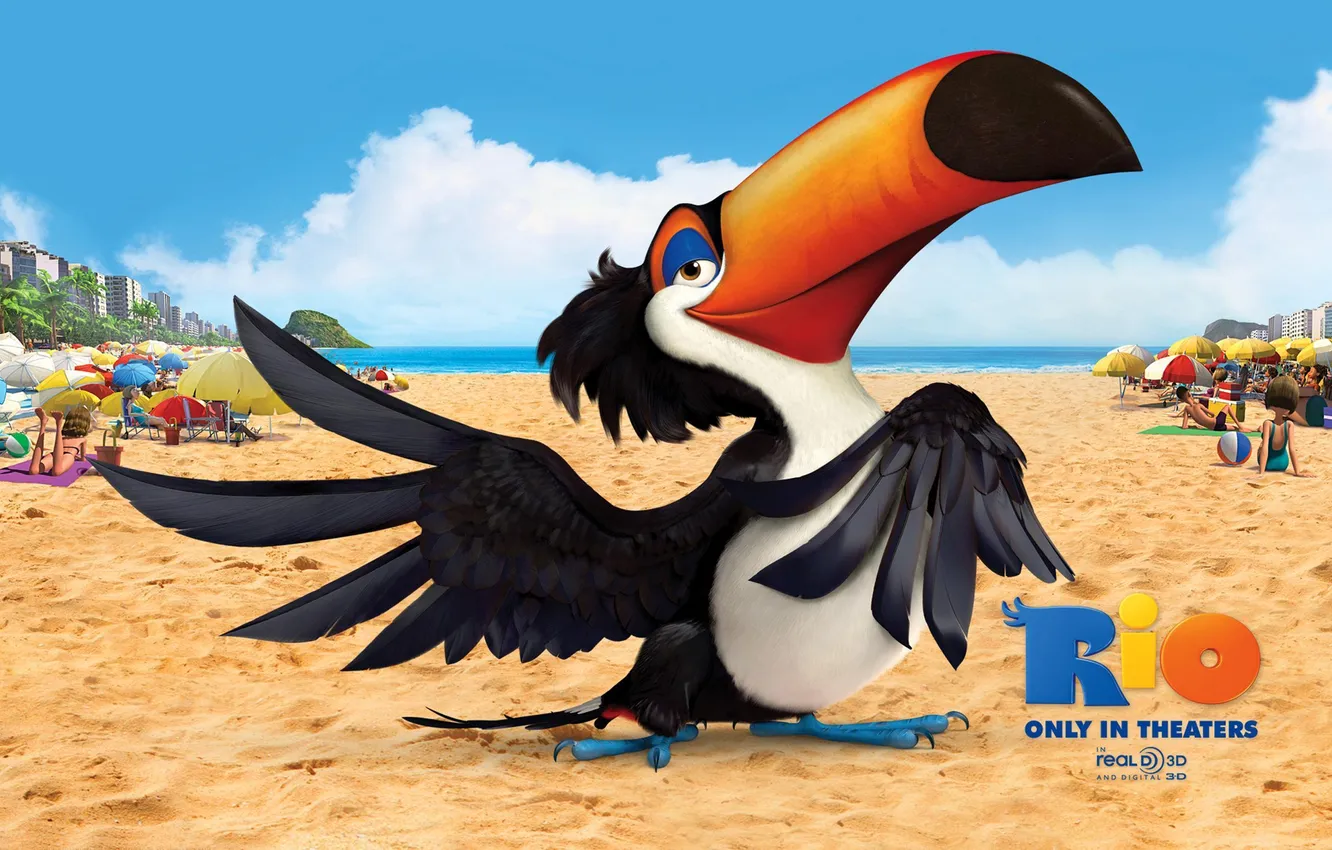 Photo wallpaper sand, beach, bird, cartoon, wings, feathers, beak, bright
