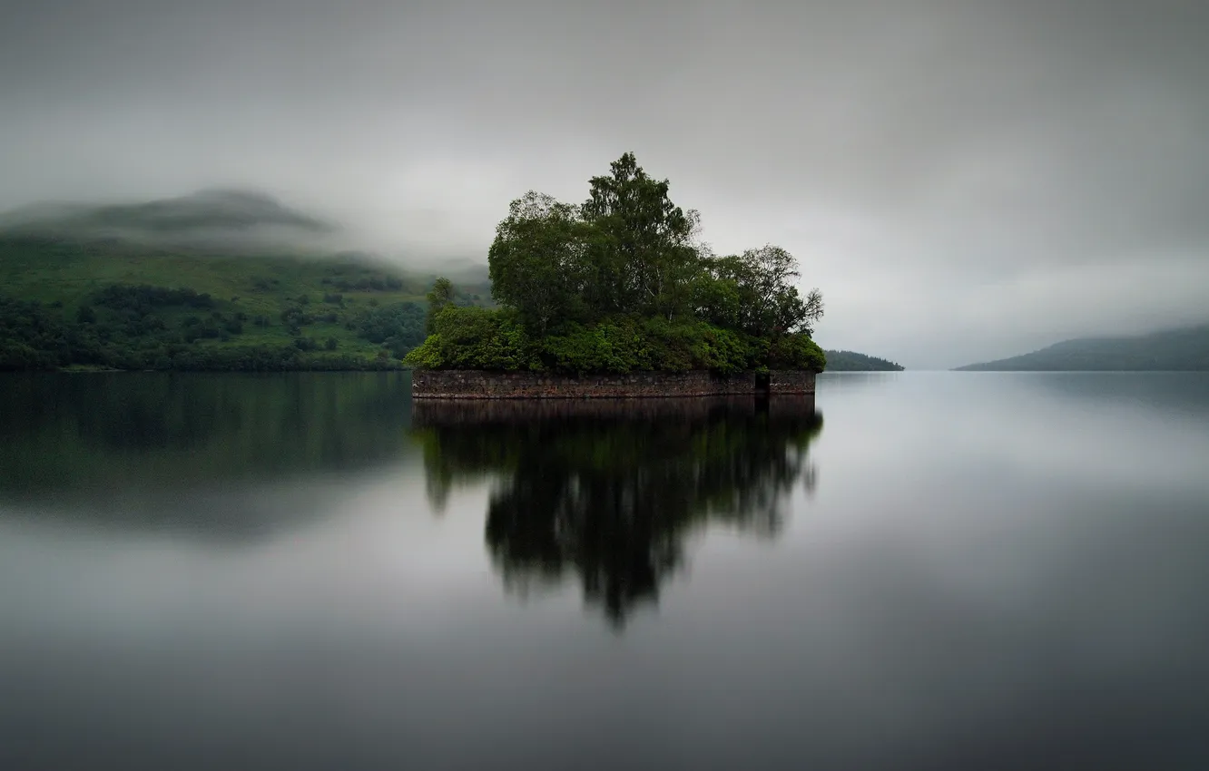 Photo wallpaper fog, lake, surface, island