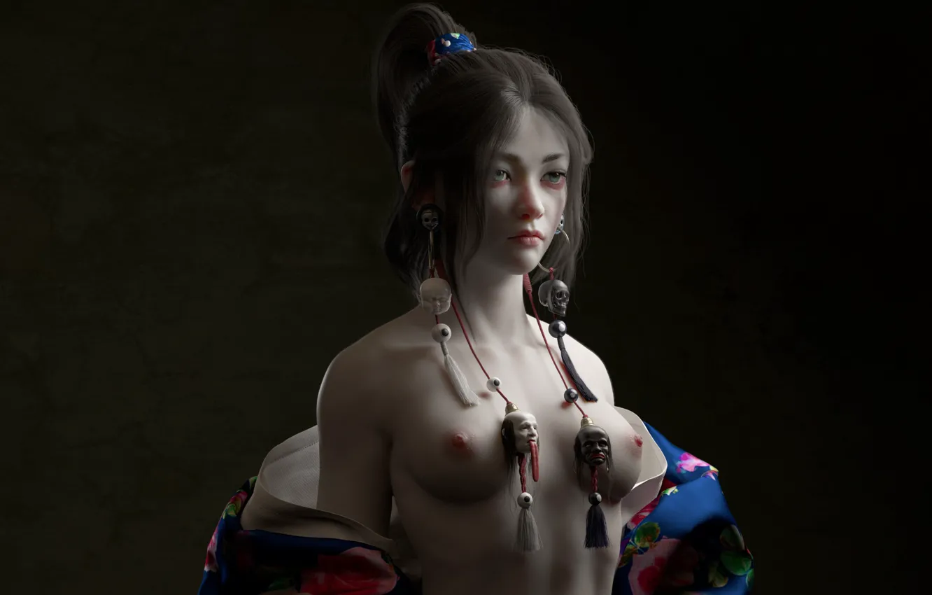 Photo wallpaper face, earrings, geisha, skull, Asian, the dark background, suspension, 3 D graphics