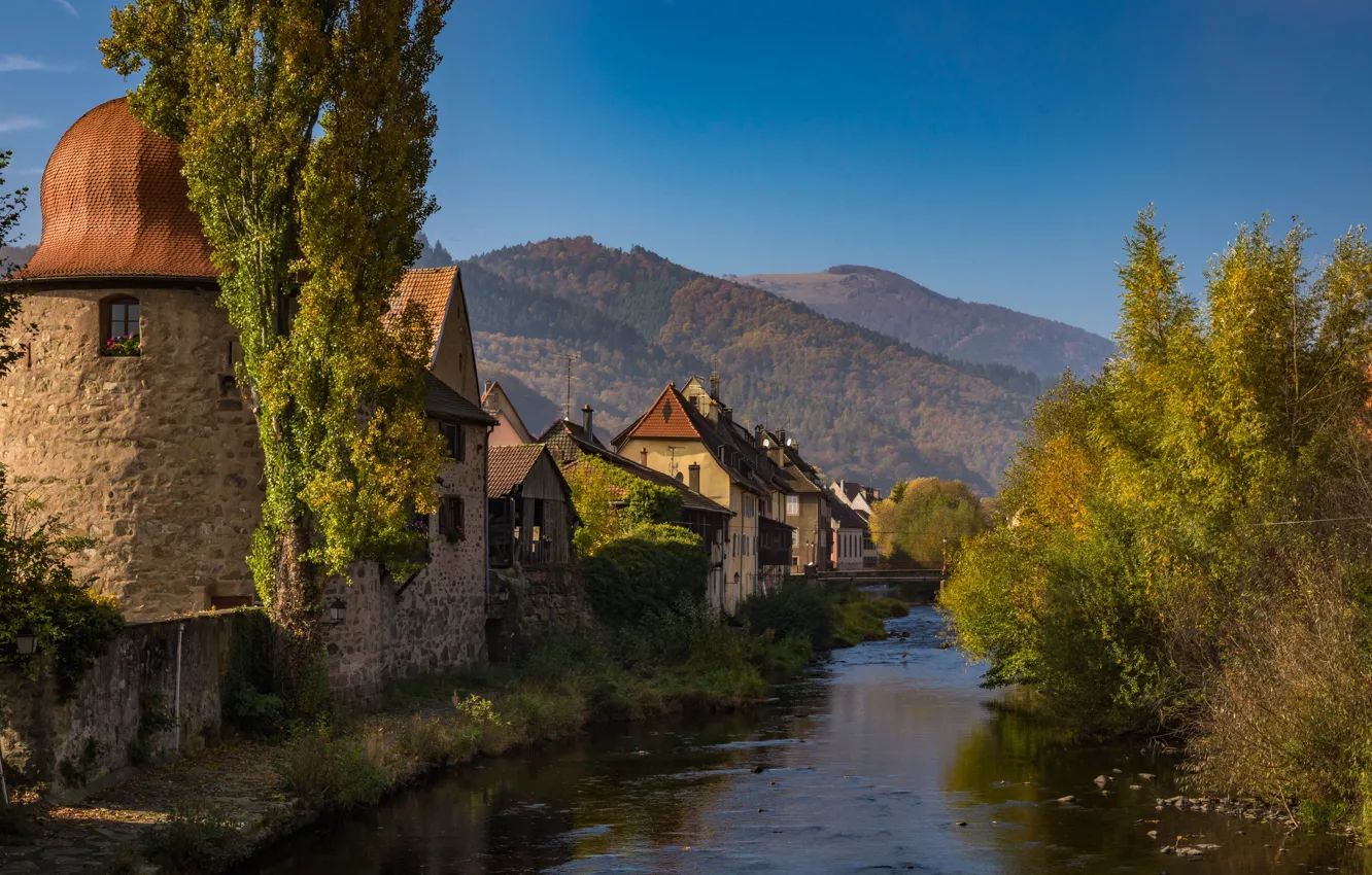 Photo wallpaper landscape, mountains, nature, the city, river, France, home, municipality