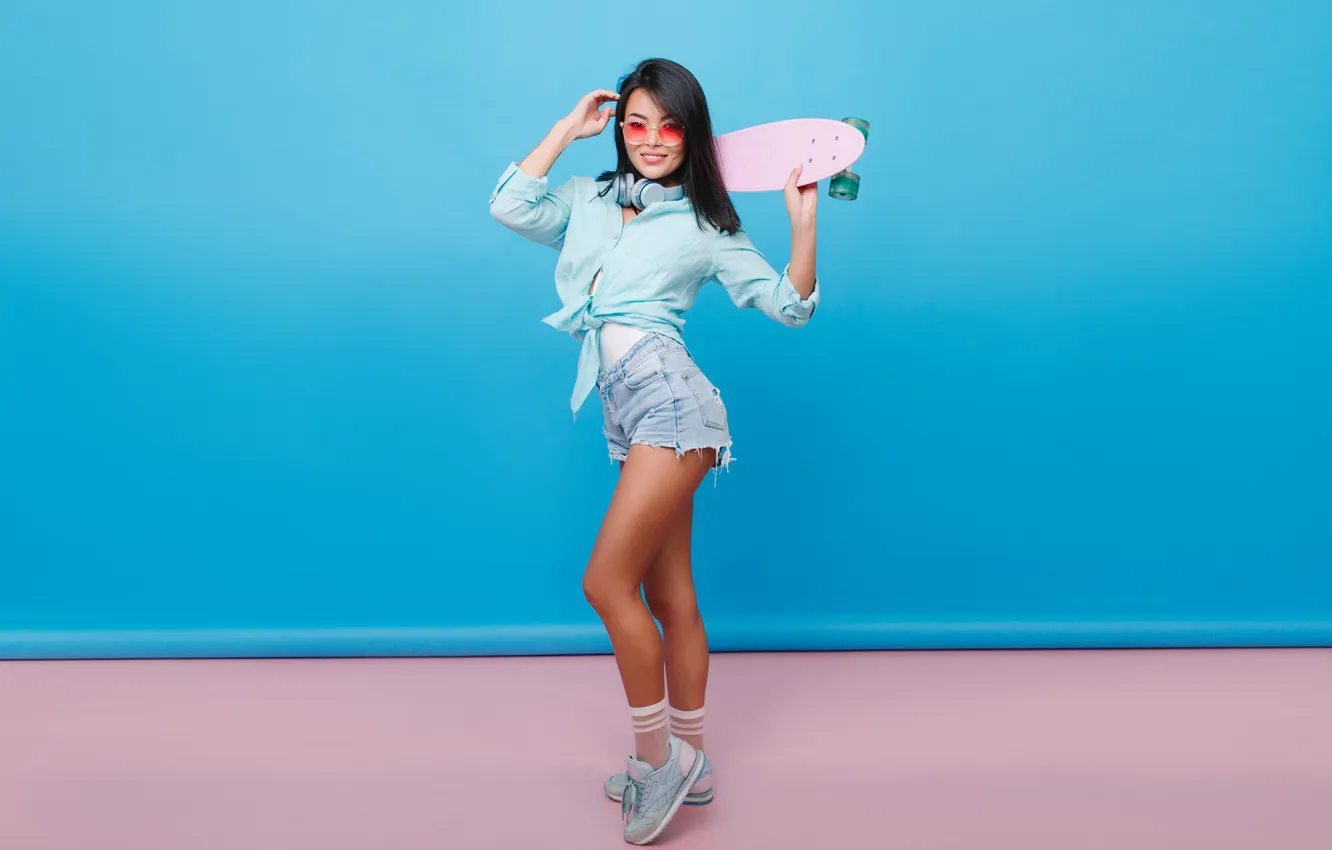 Photo wallpaper girl, shorts, beautiful, model, asian, skateboard, sneakers