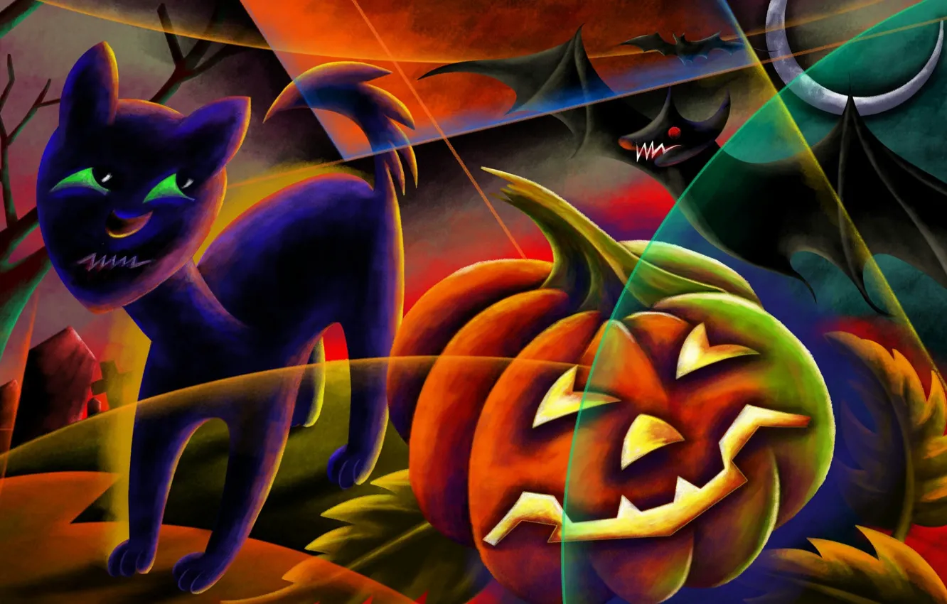 Photo wallpaper night, the moon, cemetery, pumpkin, Eclipse, bat, black cat, Happy Halloween