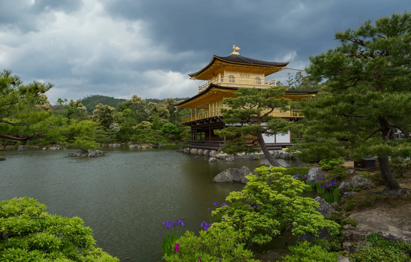 Photo wallpaper landscape, nature, pond, Park, vegetation, Japan, temple, Kyoto