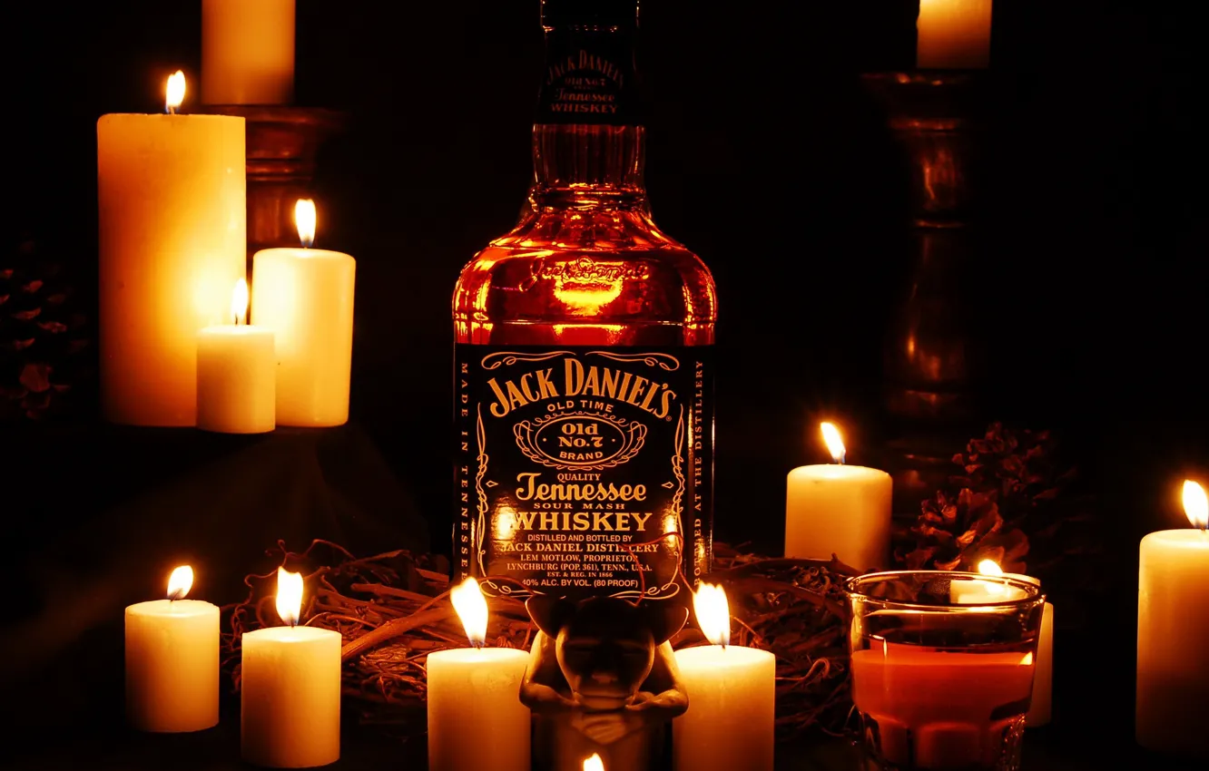 Photo wallpaper bottle, candles., Jack Daniels, Jack Daniels