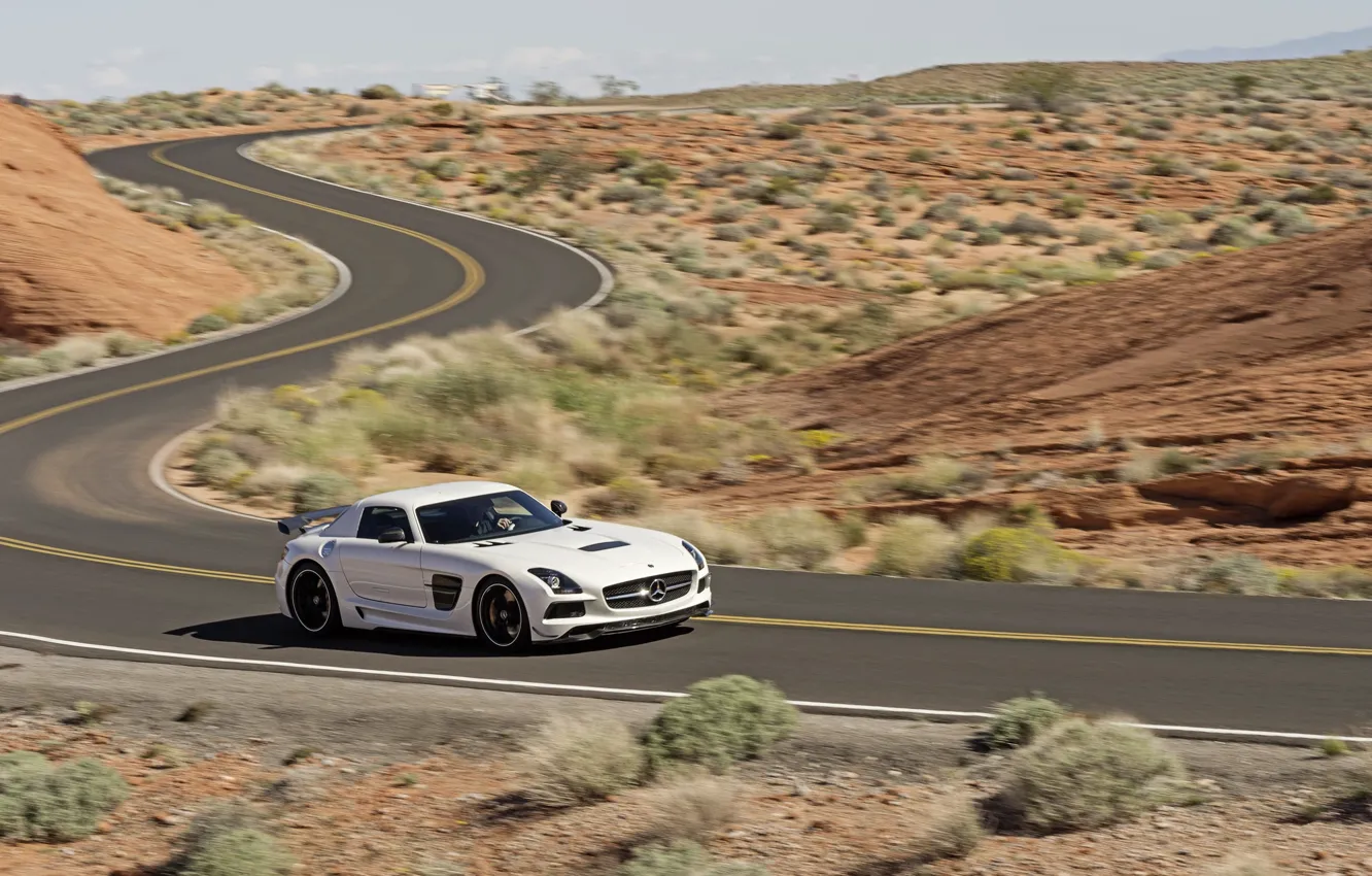 Photo wallpaper Mercedes-Benz, Road, White, Desert, Machine, AMG, SLS, Sports car