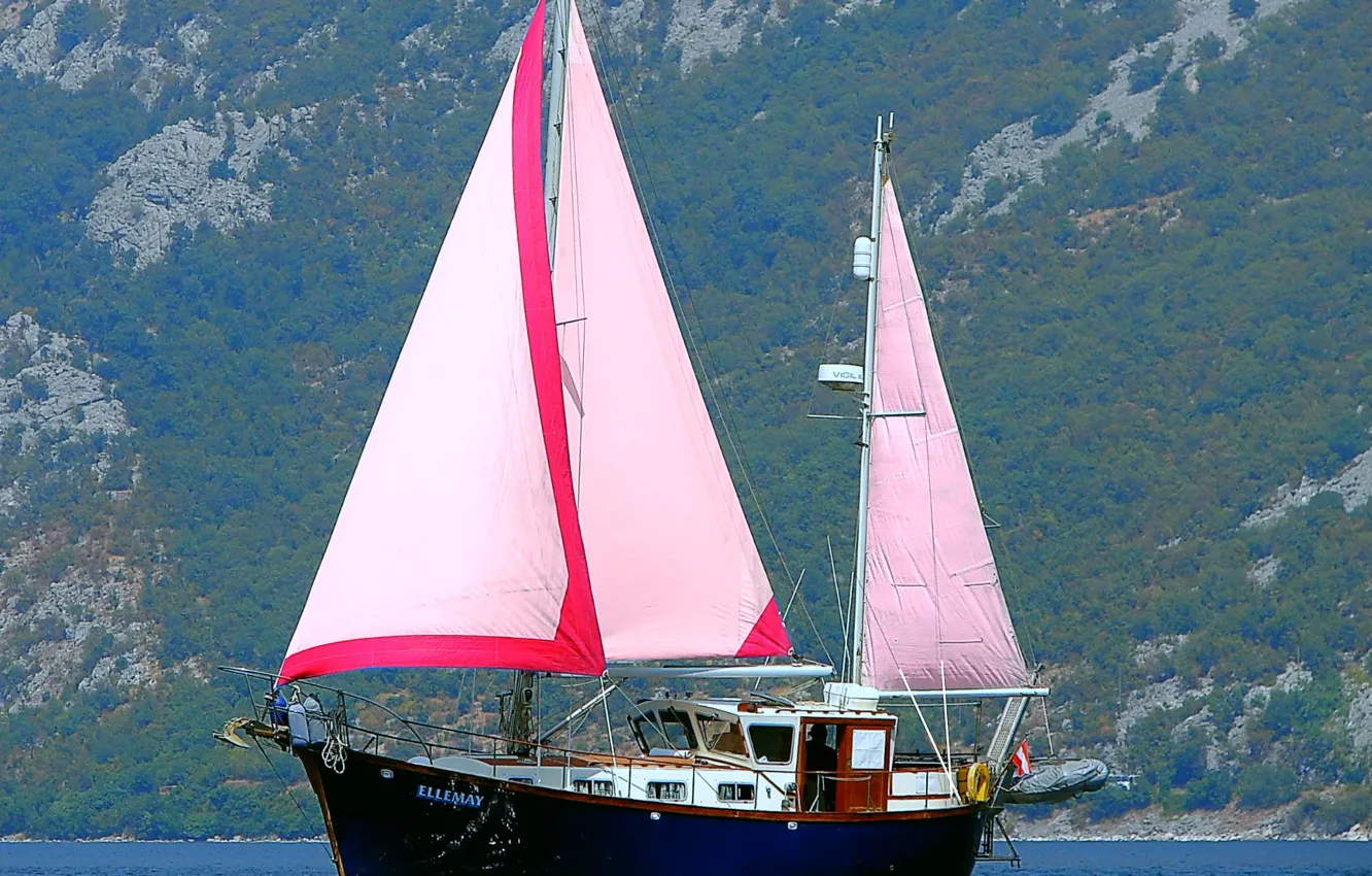 Photo wallpaper sea, mountains, shore, sailboat