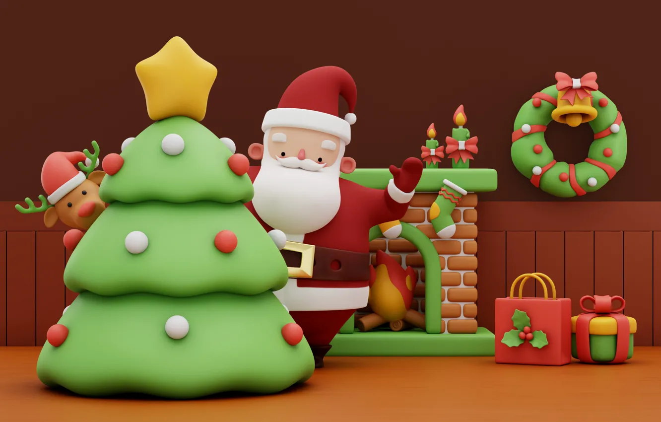 Photo wallpaper rendering, gift, toy, new year, candles, deer, Christmas, fireplace