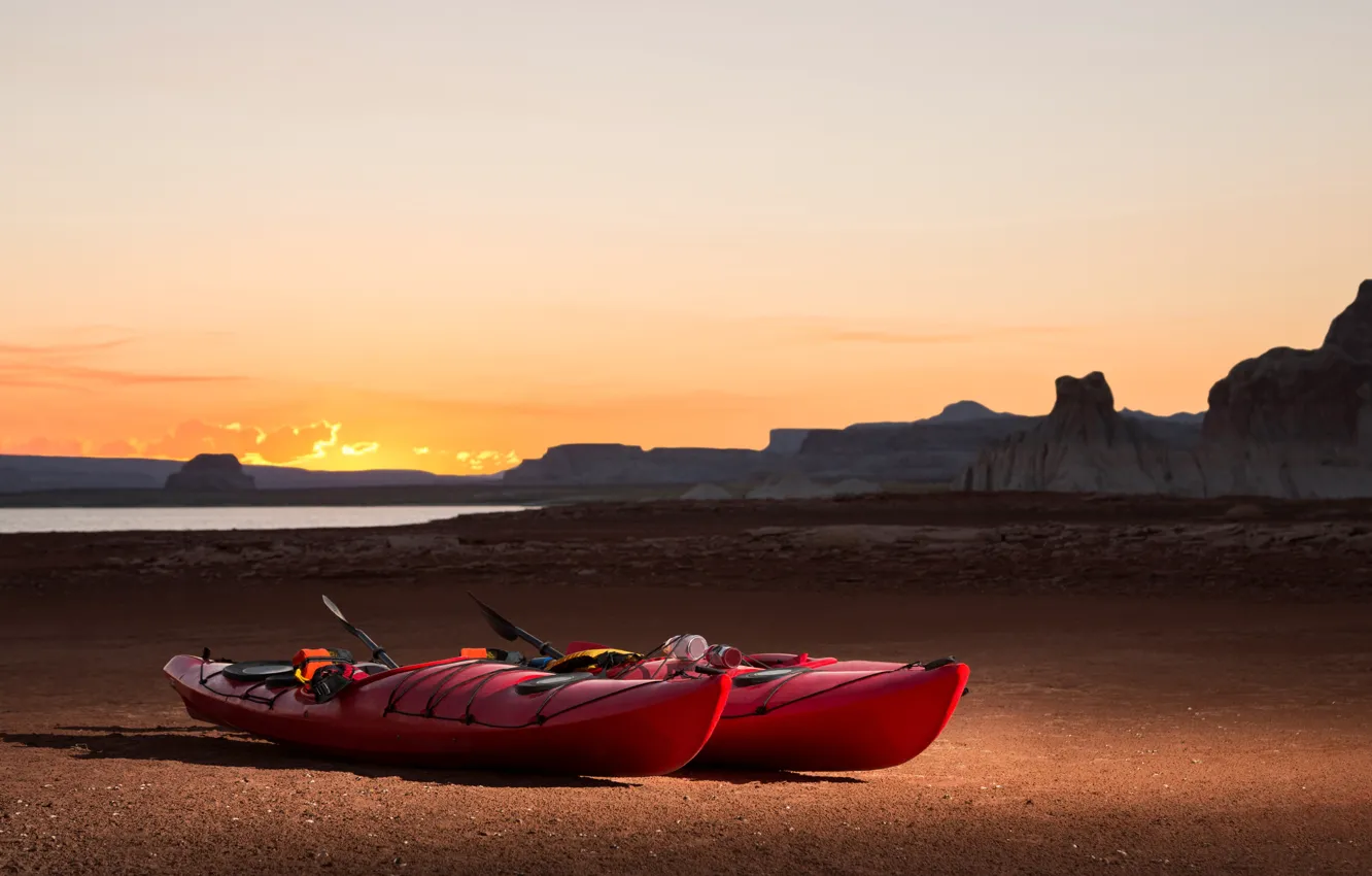 Photo wallpaper landscape, mountains, space, lake, dawn, stay, shore, boat