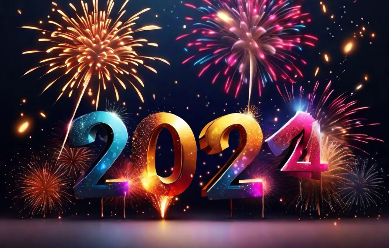 Photo wallpaper new year, salute, colorful, figures, golden, Neon, New Year, numbers