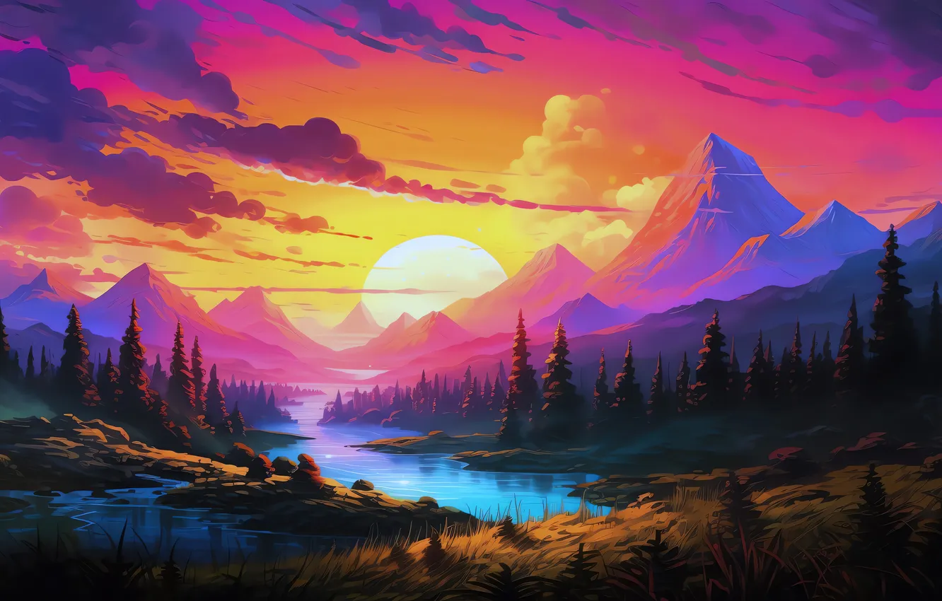 Photo wallpaper river, sunset, scenery, digital art, mountain top, AI Art