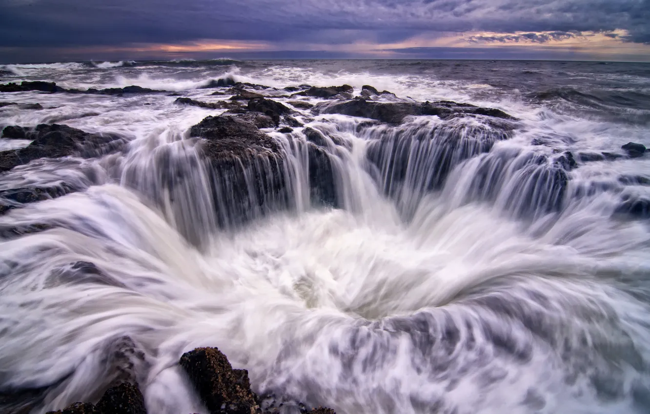 Photo wallpaper the sky, foam, water, clouds, stones, shore, coast, the evening