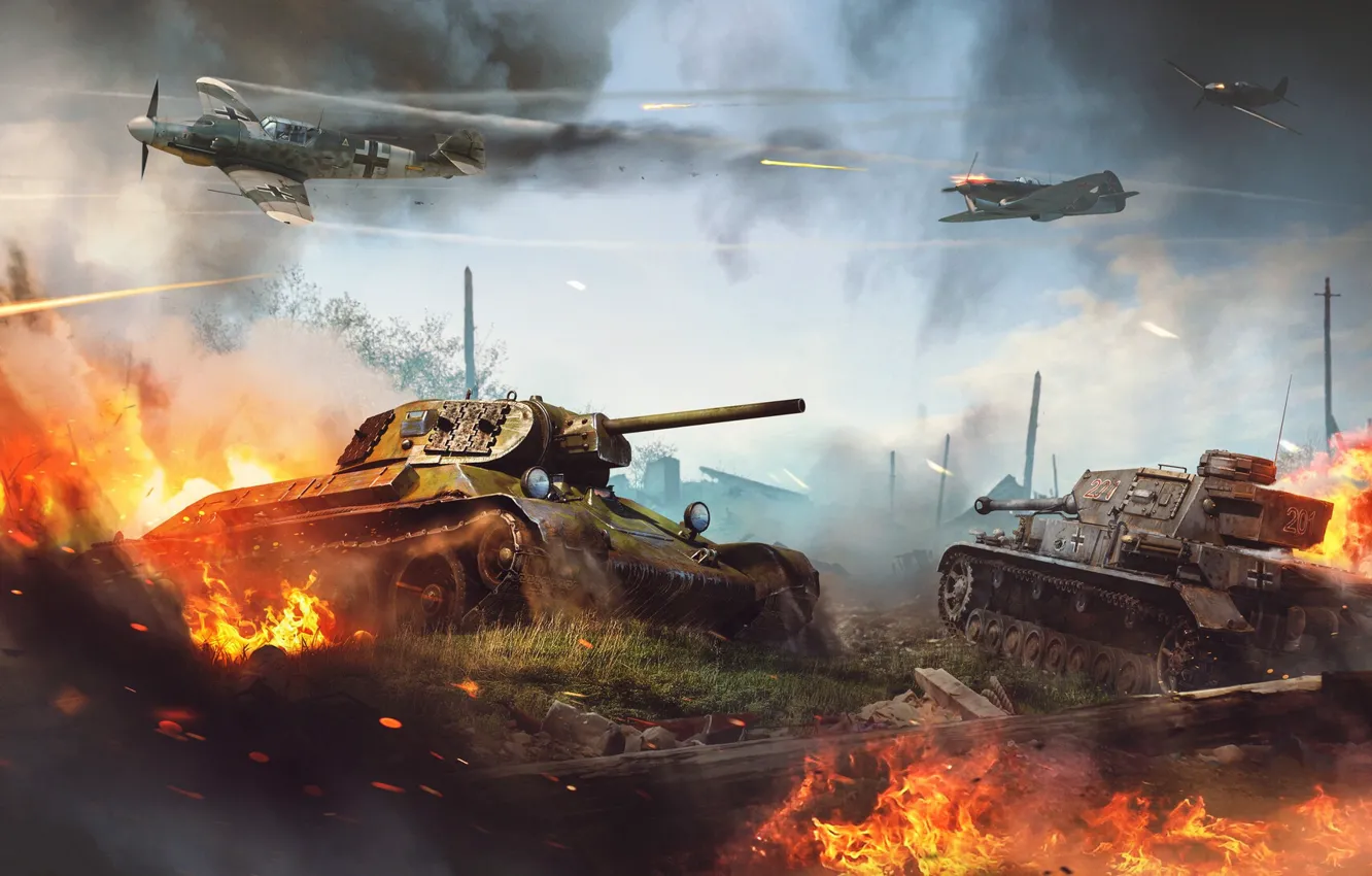 Photo wallpaper lights, war, shot, tank, ruins, the plane, War Thunder