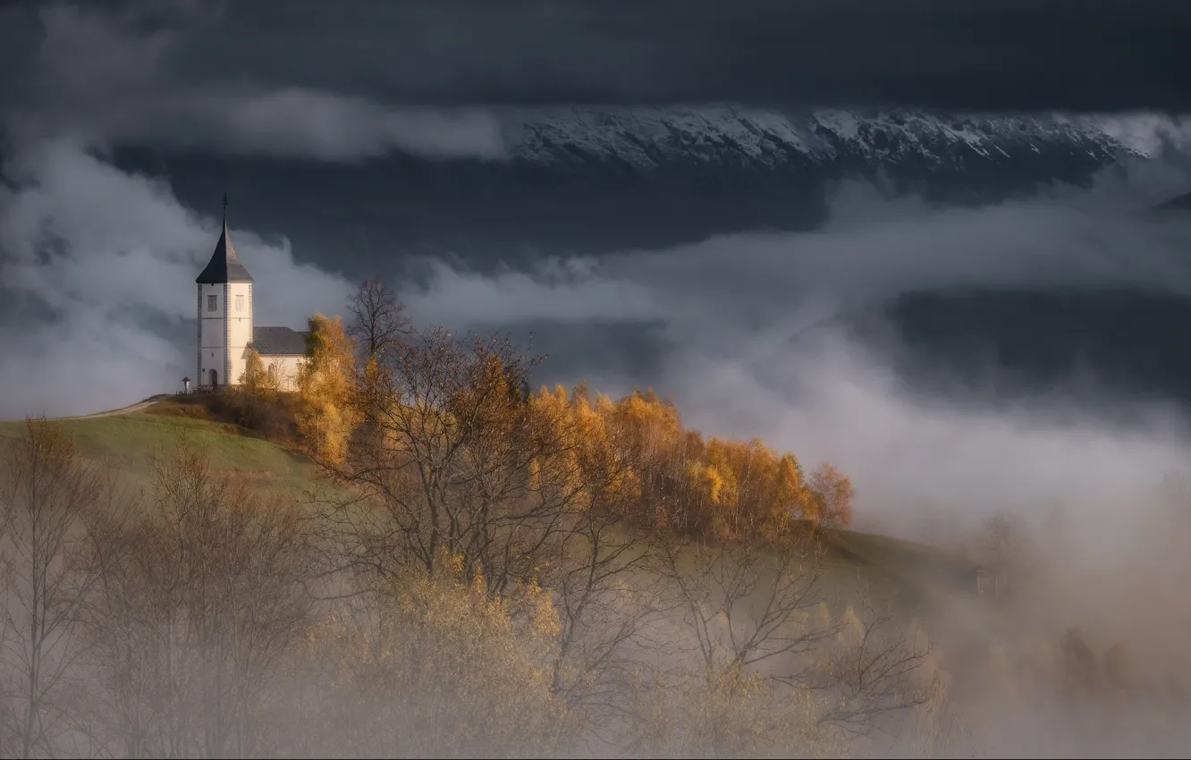 Photo wallpaper autumn, clouds, landscape, mountains, nature, fog, Alps, Church