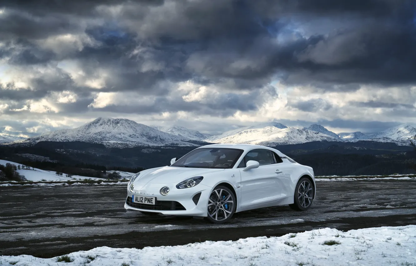 Photo wallpaper winter, road, car, machine, snow, mountains, clouds, Renault