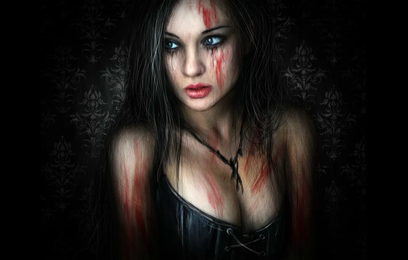 Photo wallpaper darkness, black, blood, woman, the victim, tears, corset, art