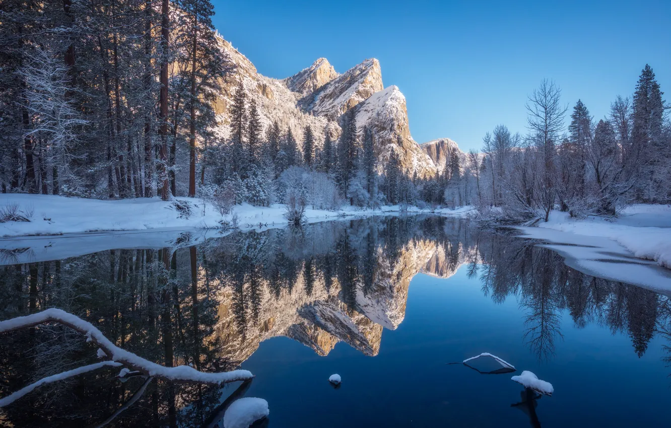 Photo wallpaper winter, snow, trees, landscape, mountains, river, forest, river