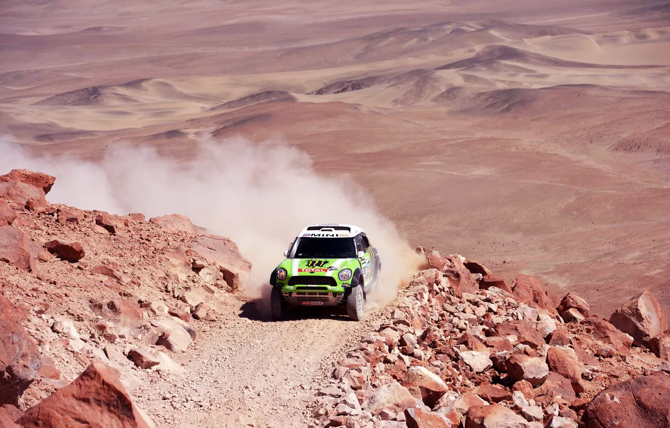 Photo wallpaper machine, auto, green, stones, race, sport, Mini, mini