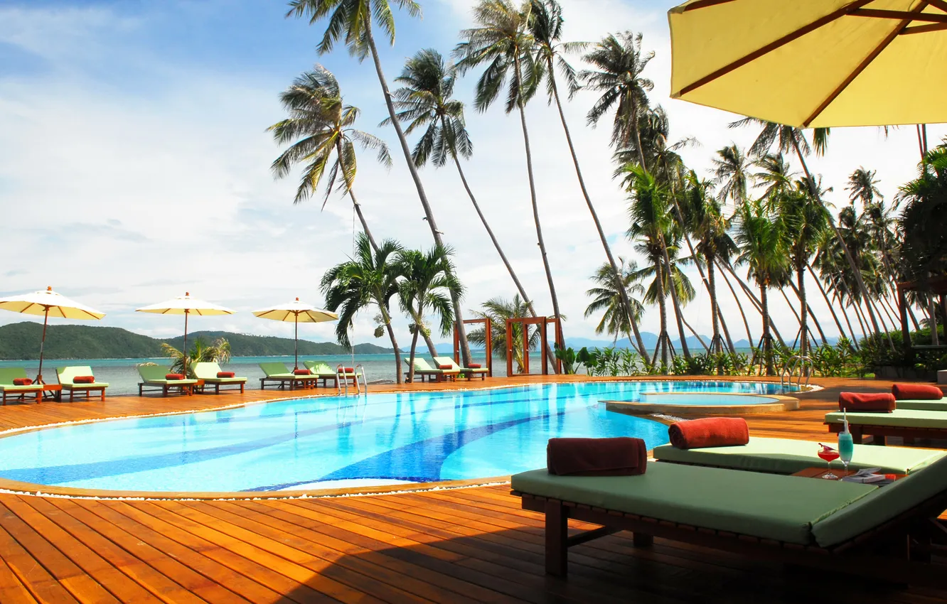 Photo wallpaper the sky, clouds, mountains, palm trees, umbrella, pool