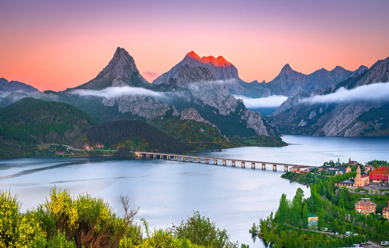 Photo wallpaper sunset, mountains, bridge, river, rocks, Spain, Cantabria, Picos de Europa National Park