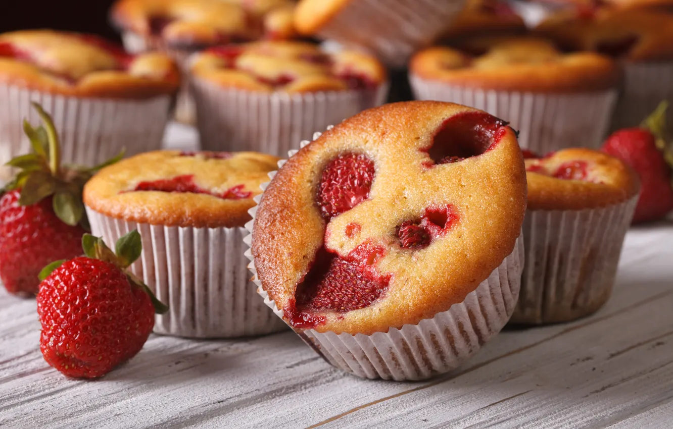 Photo wallpaper berries, strawberry, cake, dessert, cakes, sweet, sweet, cupcake