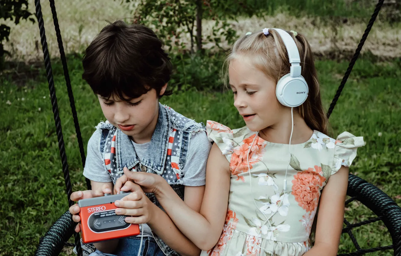 Photo wallpaper boy, headphones, player, girl, sitting, Sony, listen to the music