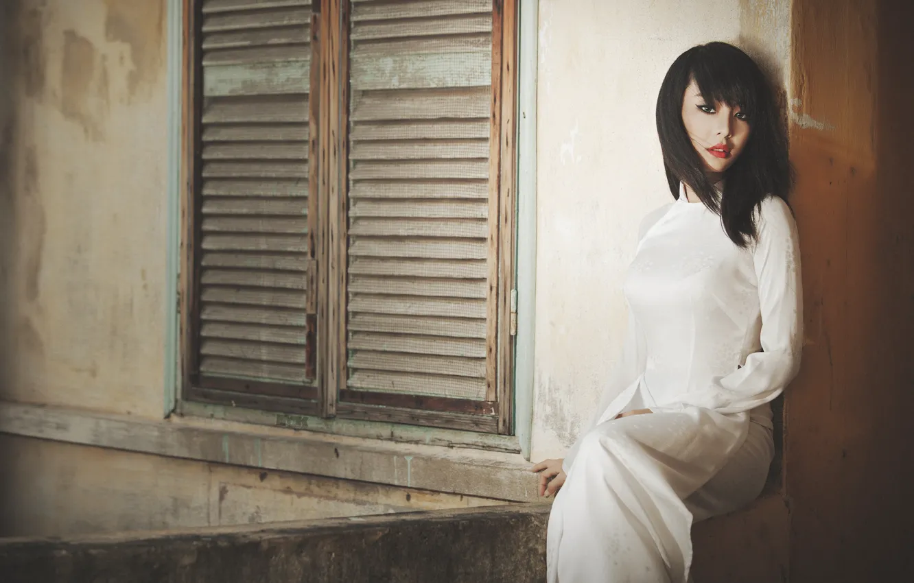 Photo wallpaper look, girl, face, model, hair, Asian, sitting, Natasha Beo