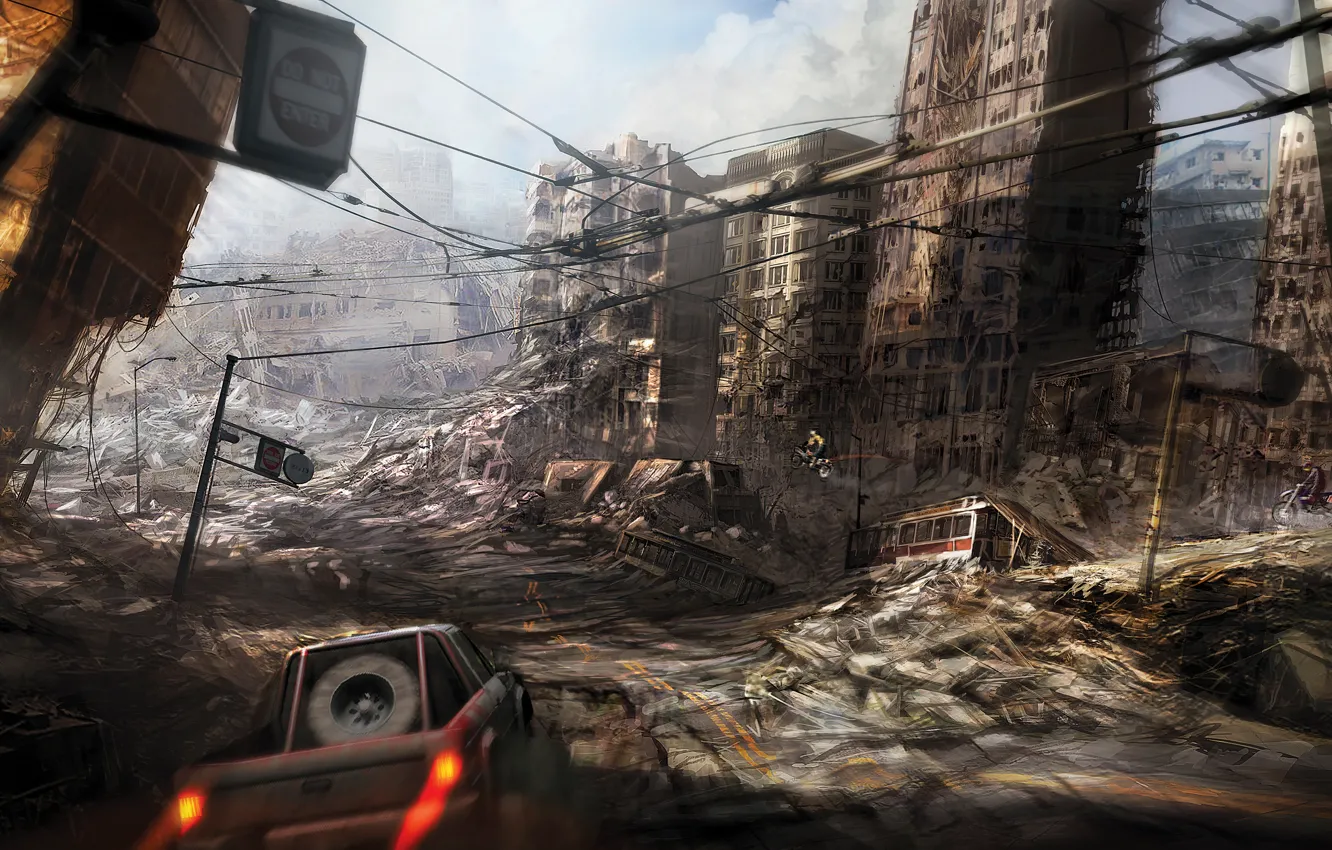Photo wallpaper city, ruins, destruction, apocalyptic, fast car