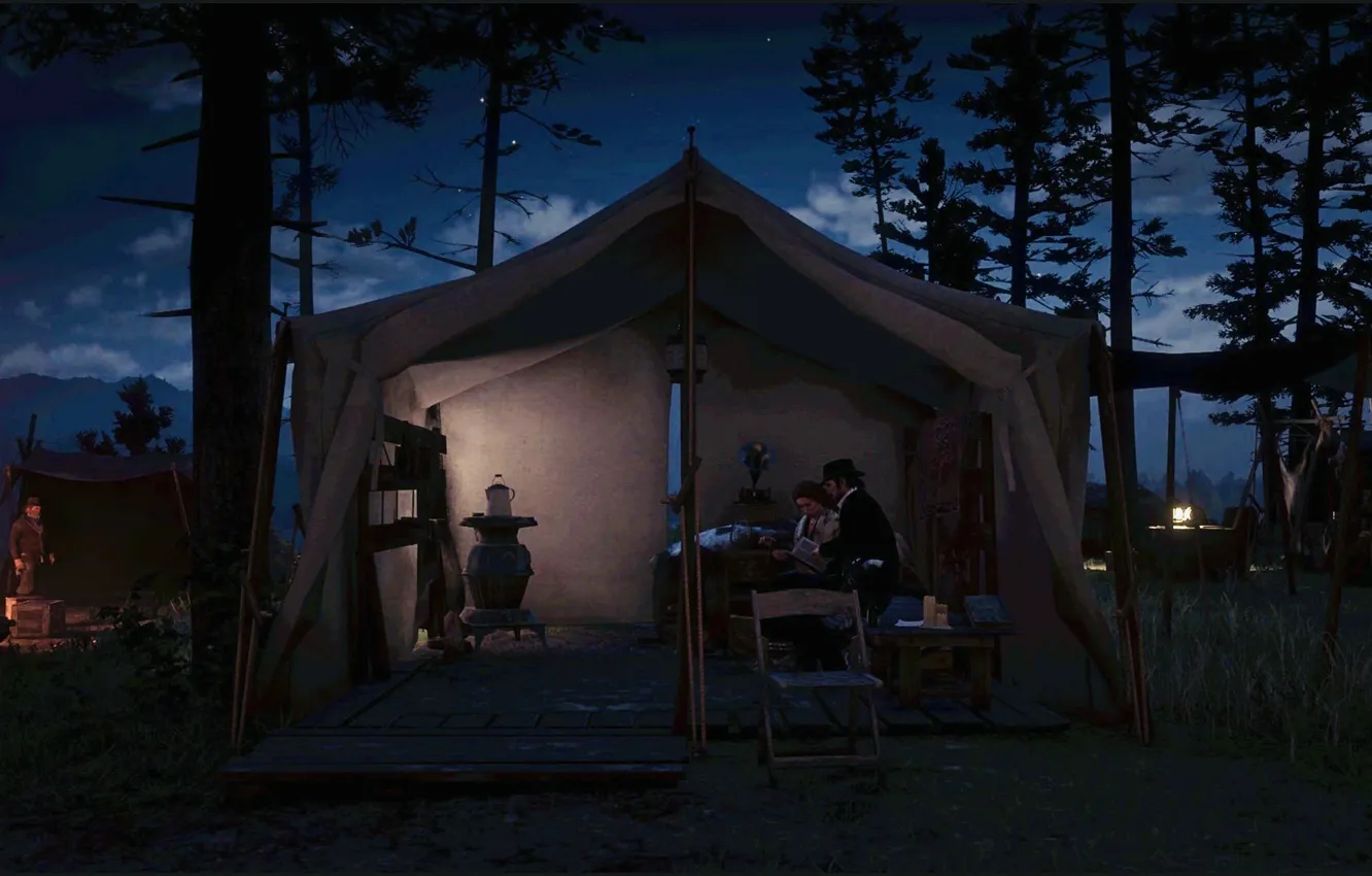 Photo wallpaper HDR, game, trees, night, clouds, stars, camp, molly