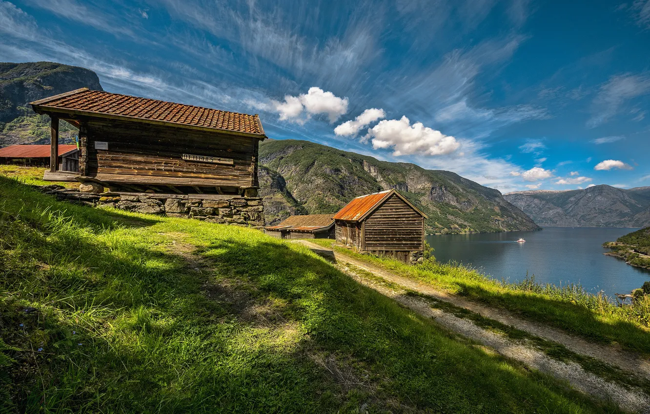 Photo wallpaper road, clouds, mountains, lake, slope, Alps, house
