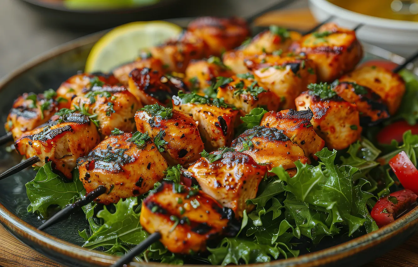 Photo wallpaper greens, lemon, plate, meat, kebab, skewers, grilled meat, AI art