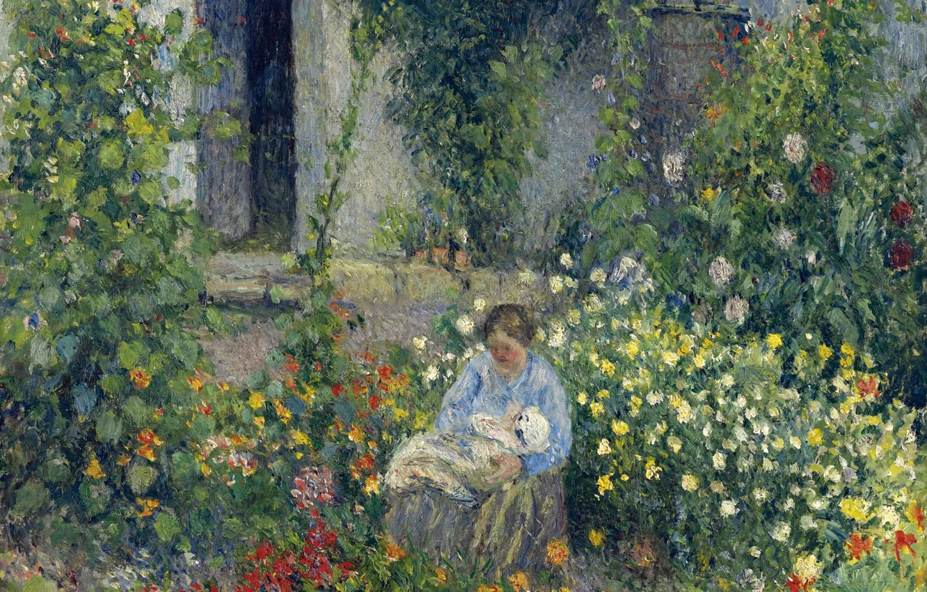 Photo wallpaper landscape, picture, genre, Camille Pissarro, Julie and Louis Rudolf Pissarro Among the Flowers