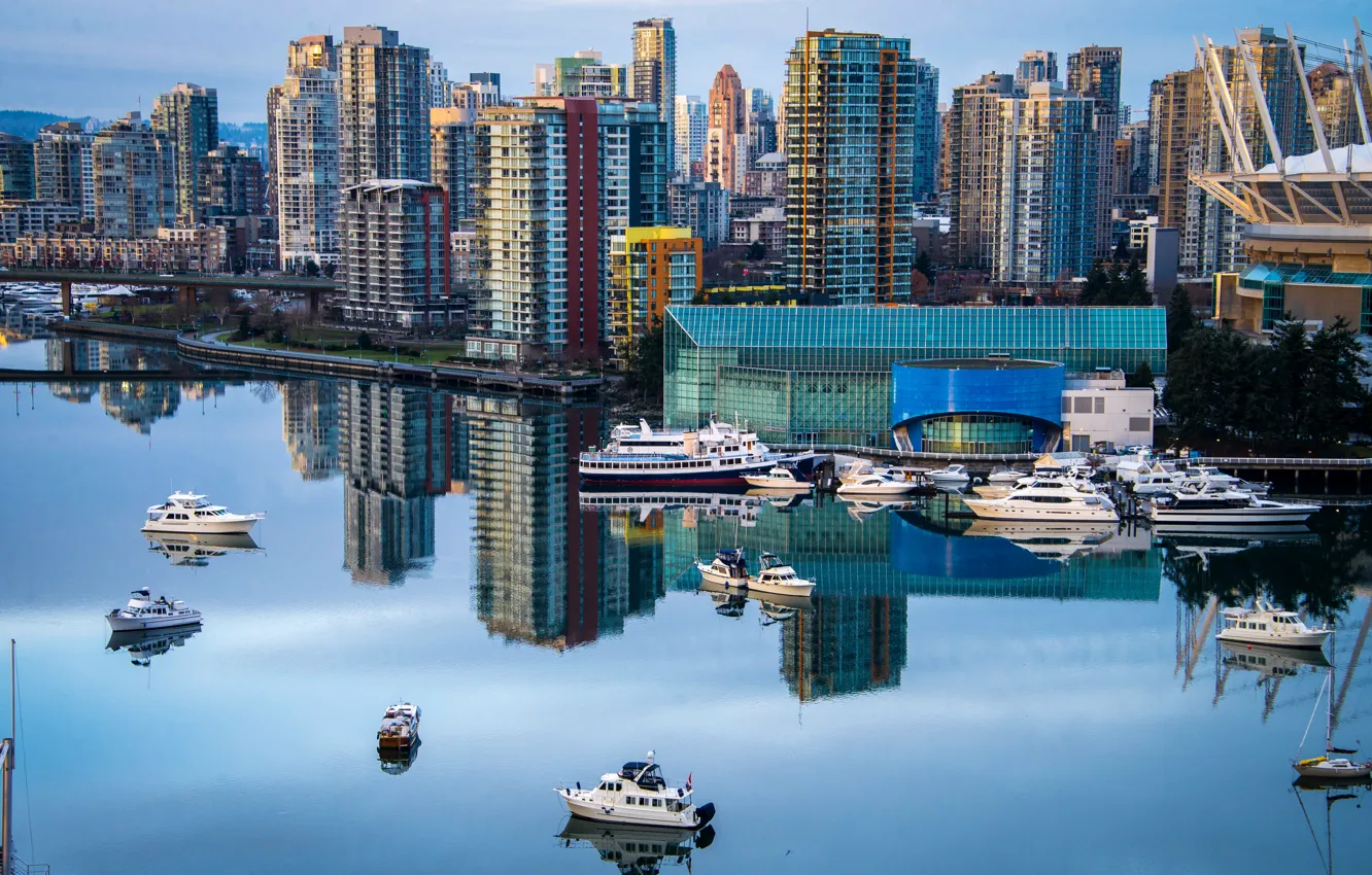 Photo wallpaper the city, river, photo, home, skyscrapers, Canada, boat, Vancouver
