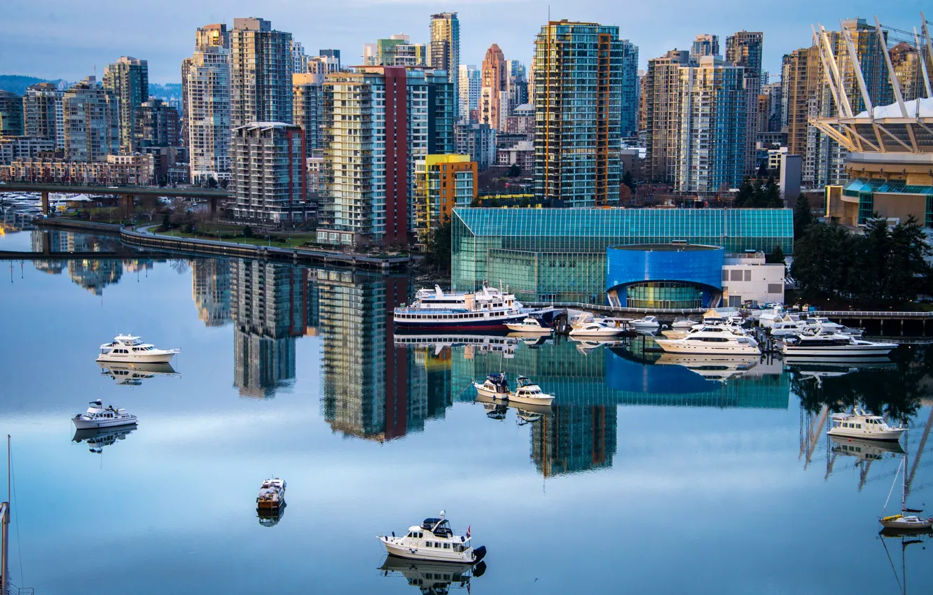 Photo wallpaper the city, river, photo, home, skyscrapers, Canada, Vancouver, boats