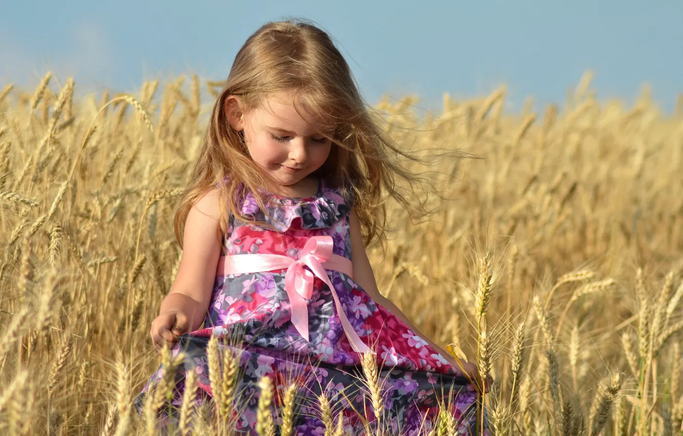 Photo wallpaper field, dress, girl, girl, bow, baby, dress, little