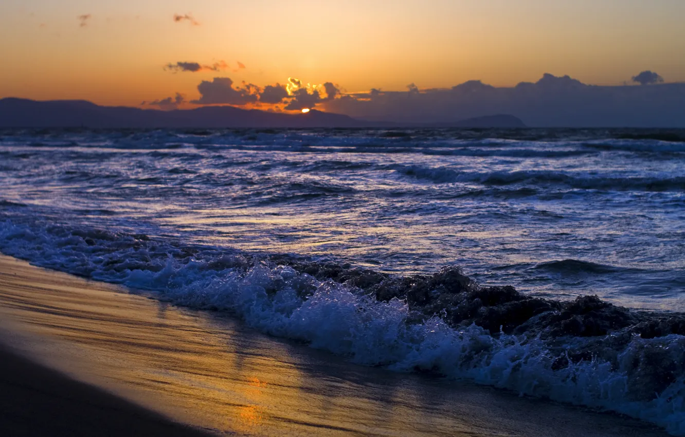 Photo wallpaper sand, sea, wave, beach, the sky, water, the sun, clouds