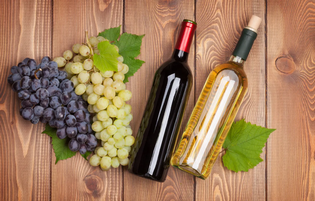 Photo wallpaper photo, Bottle, Two, Wine, Grapes, Food, Drinks