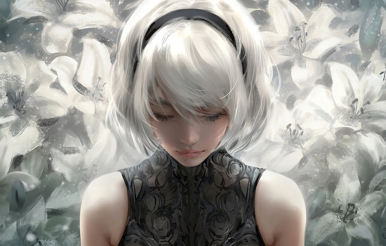 Photo wallpaper flowers, portrait, blonde, beautiful girl, digital art, anime art, Nier Automata, Type B