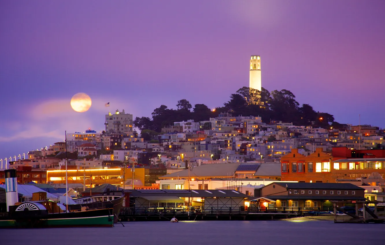 Photo wallpaper the sky, night, lights, hills, the moon, tower, home